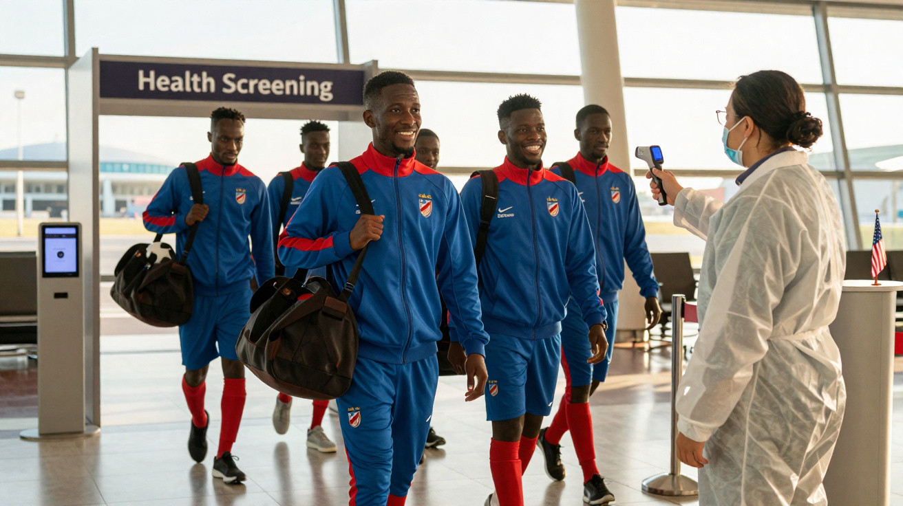 Jogadores de futebol passam por rastreio de saúde num aeroporto com técnico a usar máscara e termómetro.