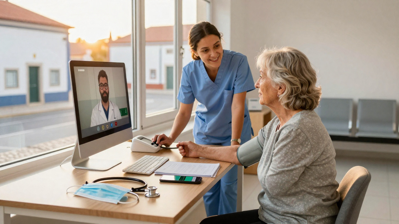 Enfermeira a medir a pressão arterial a idosa durante consulta por videochamada com médico.