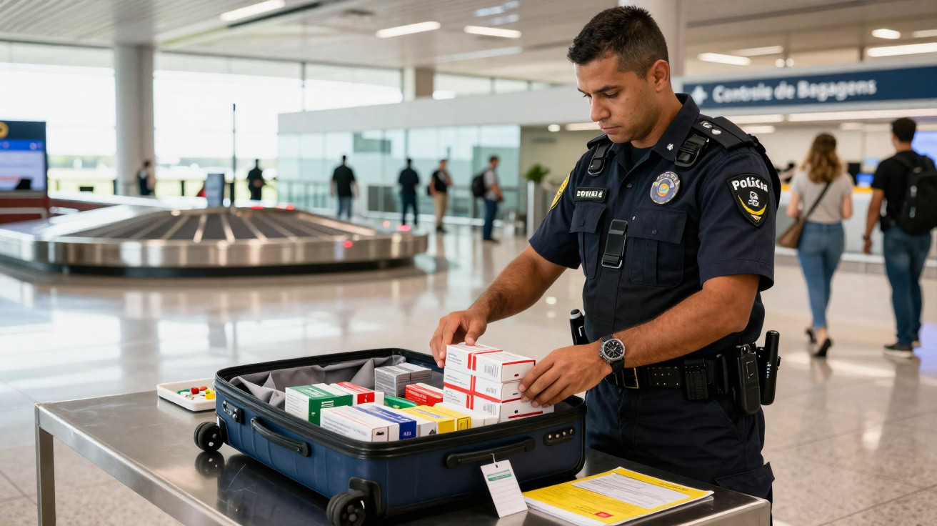 Polícia a inspecionar medicamentos dentro de uma mala numa zona de recolha de bagagens de aeroporto.