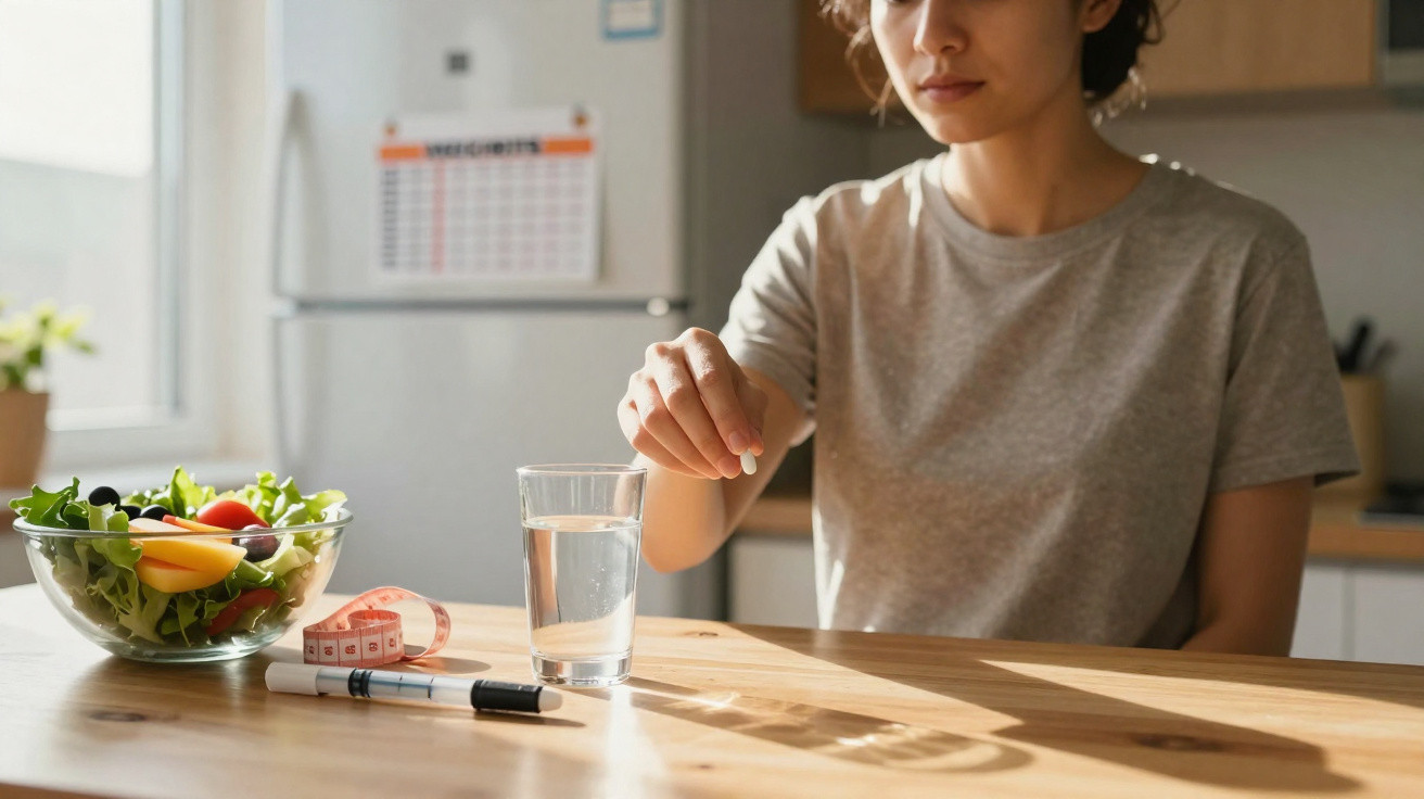 Pessoa a tomar medicamento com um copo de água, ao lado de uma salada, fita métrica e canetas numa mesa.