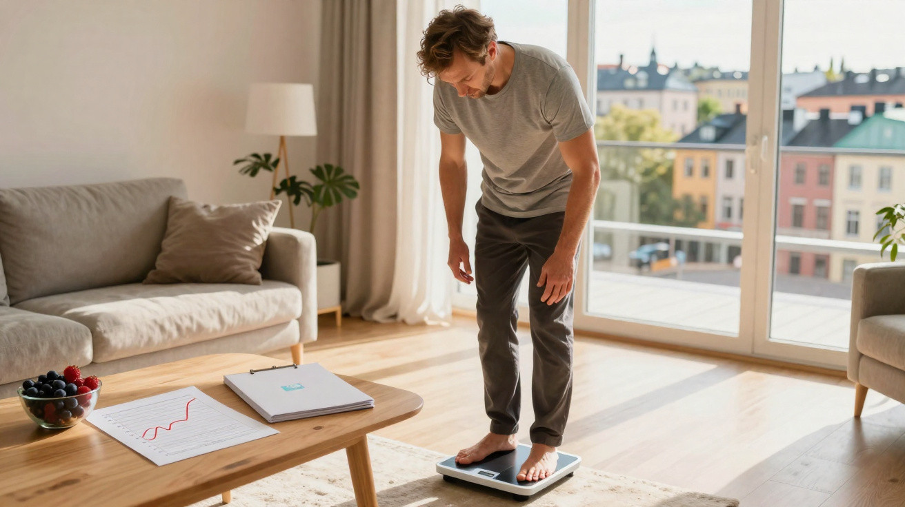 Homem em roupa casual a pesarse numa balança digital numa sala iluminada com sofá e mesa de café.