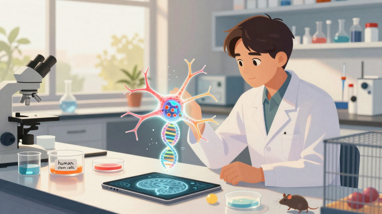 Cientista em laboratório a analisar célula nervosa e DNA com ferramentas de investigação científica.