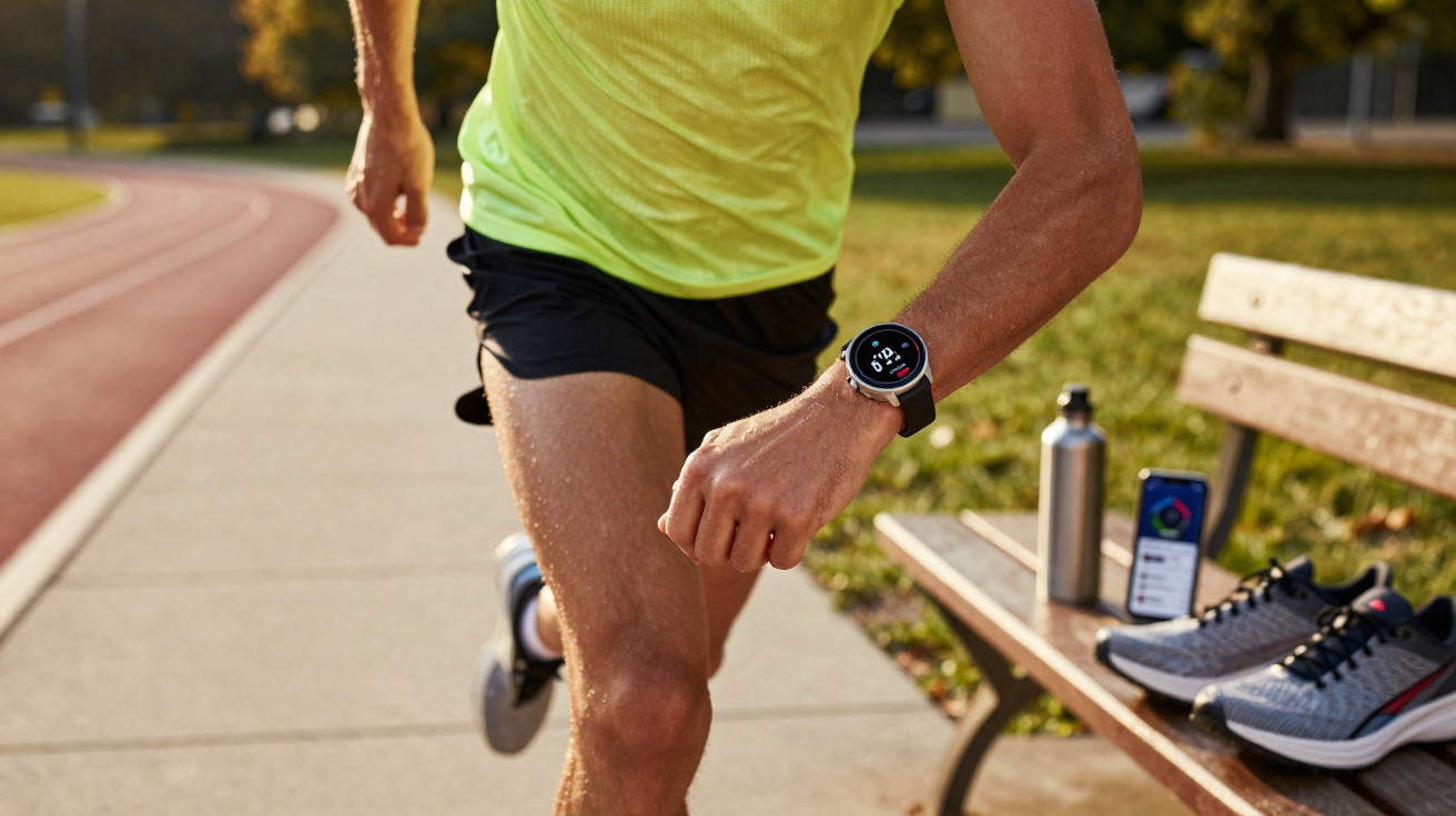 Homem a correr numa pista desportiva com relógio inteligente, ténis, garrafa e telemóvel no banco.