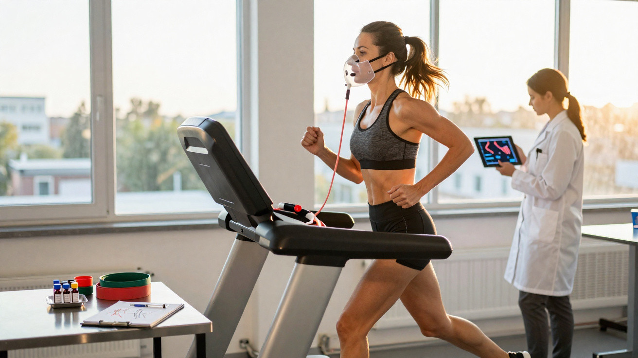 Mulher a correr numa passadeira com máscara de teste cardiovascular, enquanto técnica analisa dados num tablet.