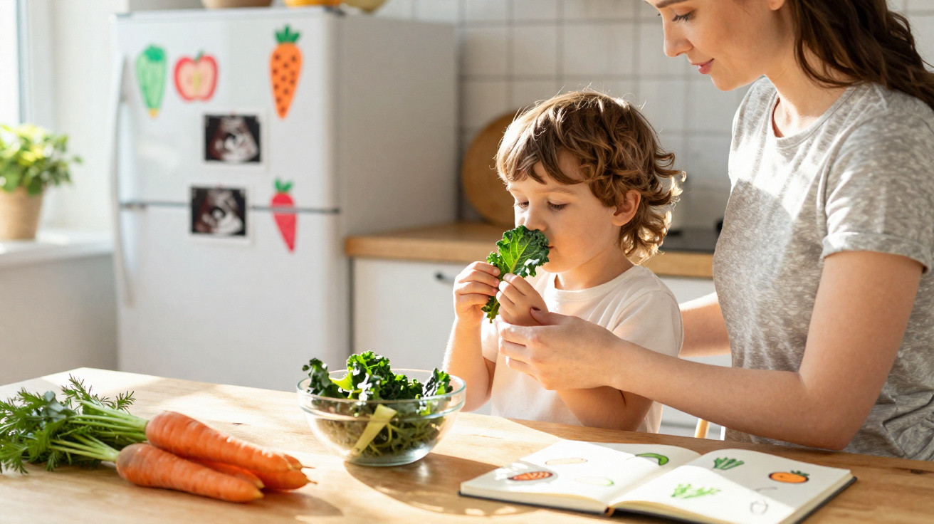 Criança cheira couve com ajuda da mãe numa cozinha iluminada, com legumes e livro de receitas na mesa.