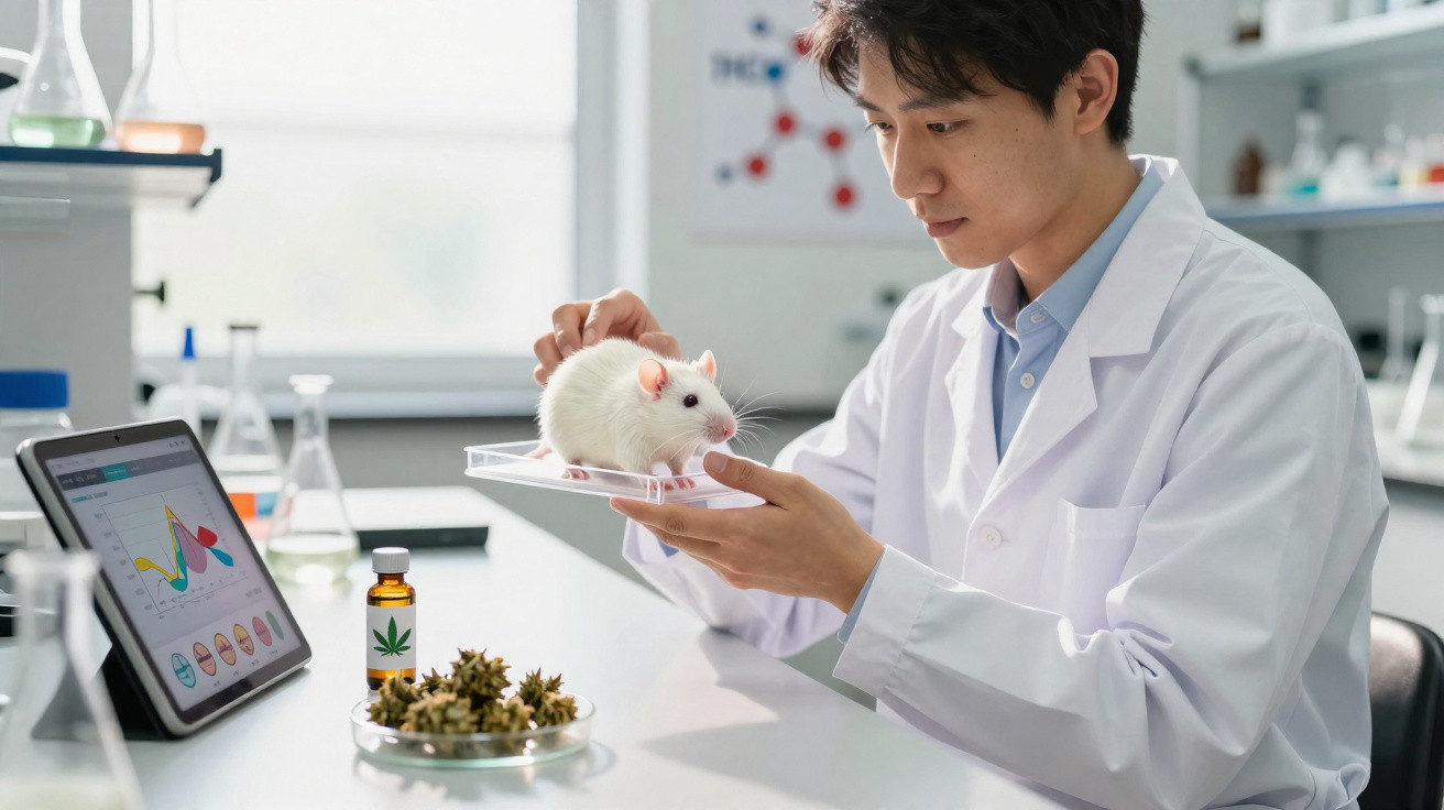 Cientista em laboratório a segurar rato branco para pesquisa, com tablet e planta medicinal na mesa.