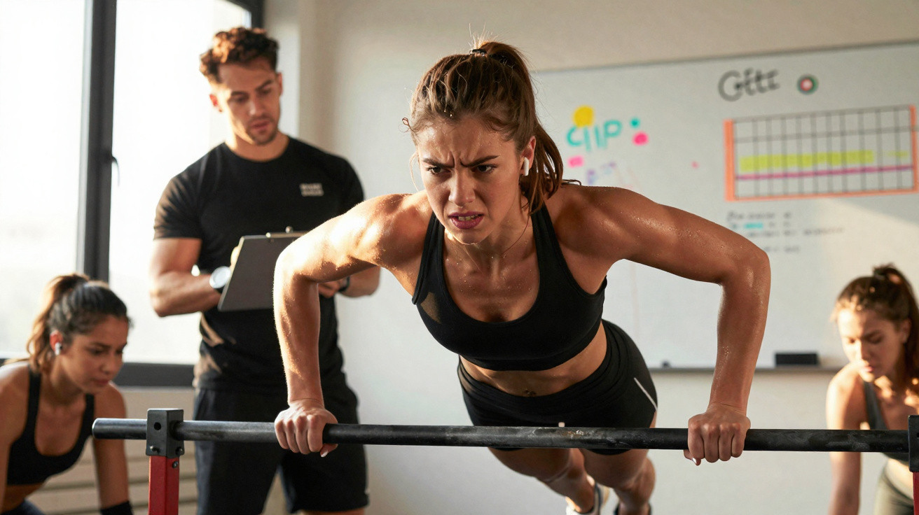 Mulher a fazer flexões numa barra no ginásio, com instrutor e outros participantes ao fundo.
