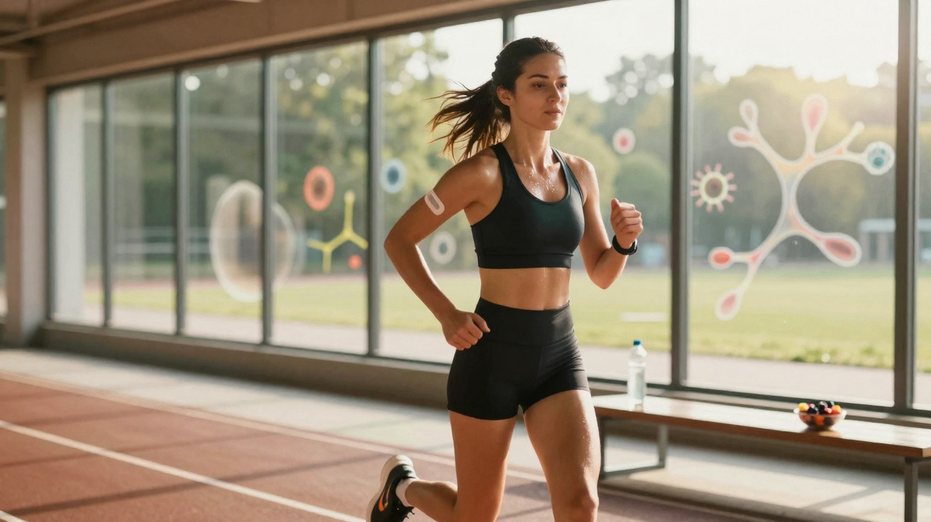 Mulher a correr numa pista interior com roupas desportivas pretas e cabelos apanhados.