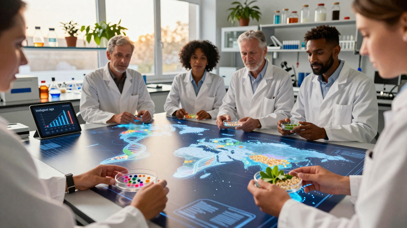 Grupo diversificado de cientistas em laboratório, analisando dados genéticos digitais numa mesa interativa.