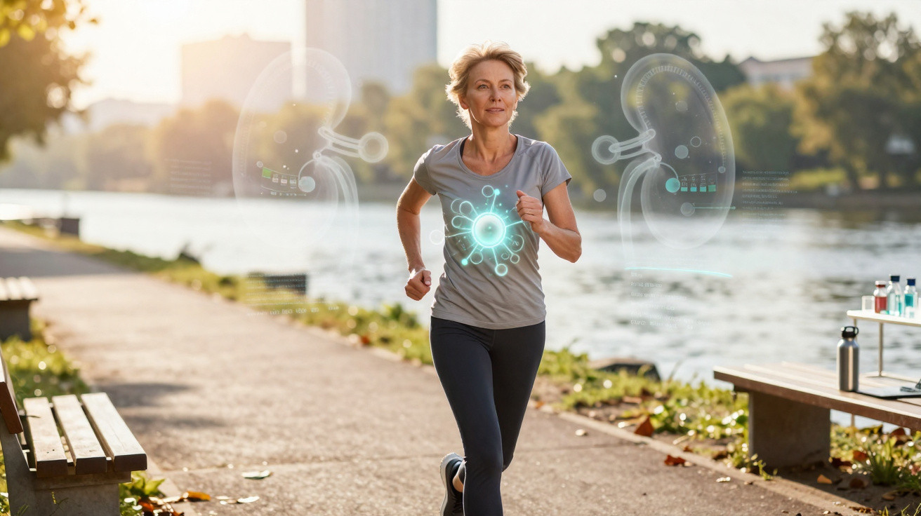 Mulher a correr junto a um rio com gráficos digitais de saúde e rins sobrepostos à imagem.