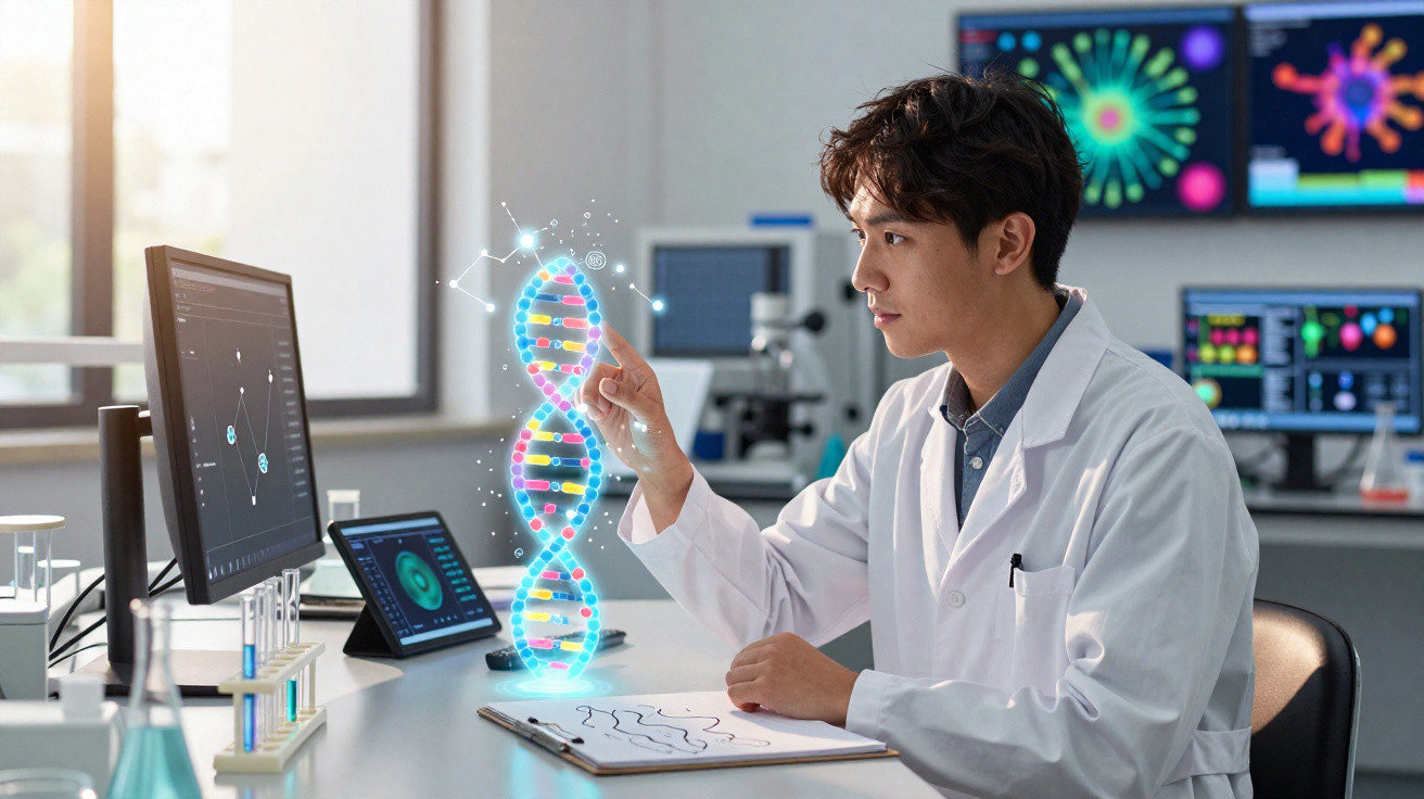 Cientista em laboratório a analisar modelo digital de hélice de ADN em ambiente tecnológico avançado.