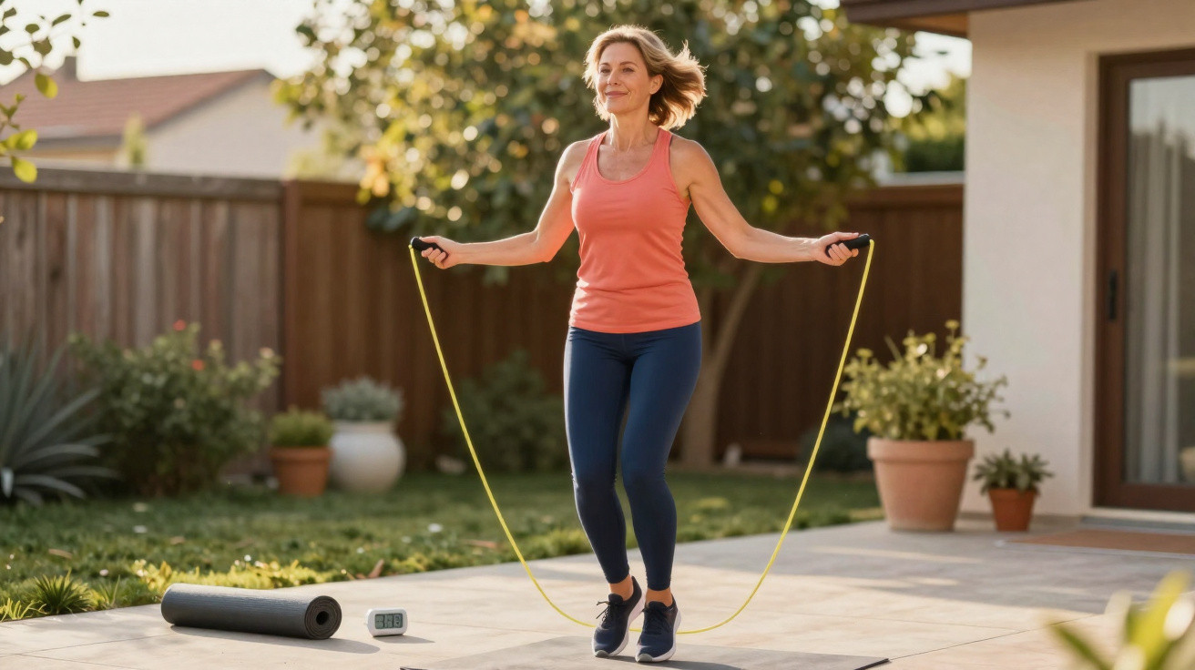 Mulher a saltar à corda num jardim, ao lado de um tapete e um relógio digital.