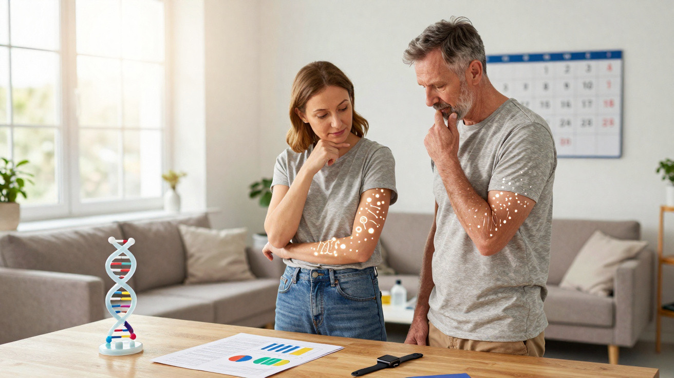 Casal a analisar gráficos numa mesa com modelo de ADN e símbolos de dados projetados na pele.