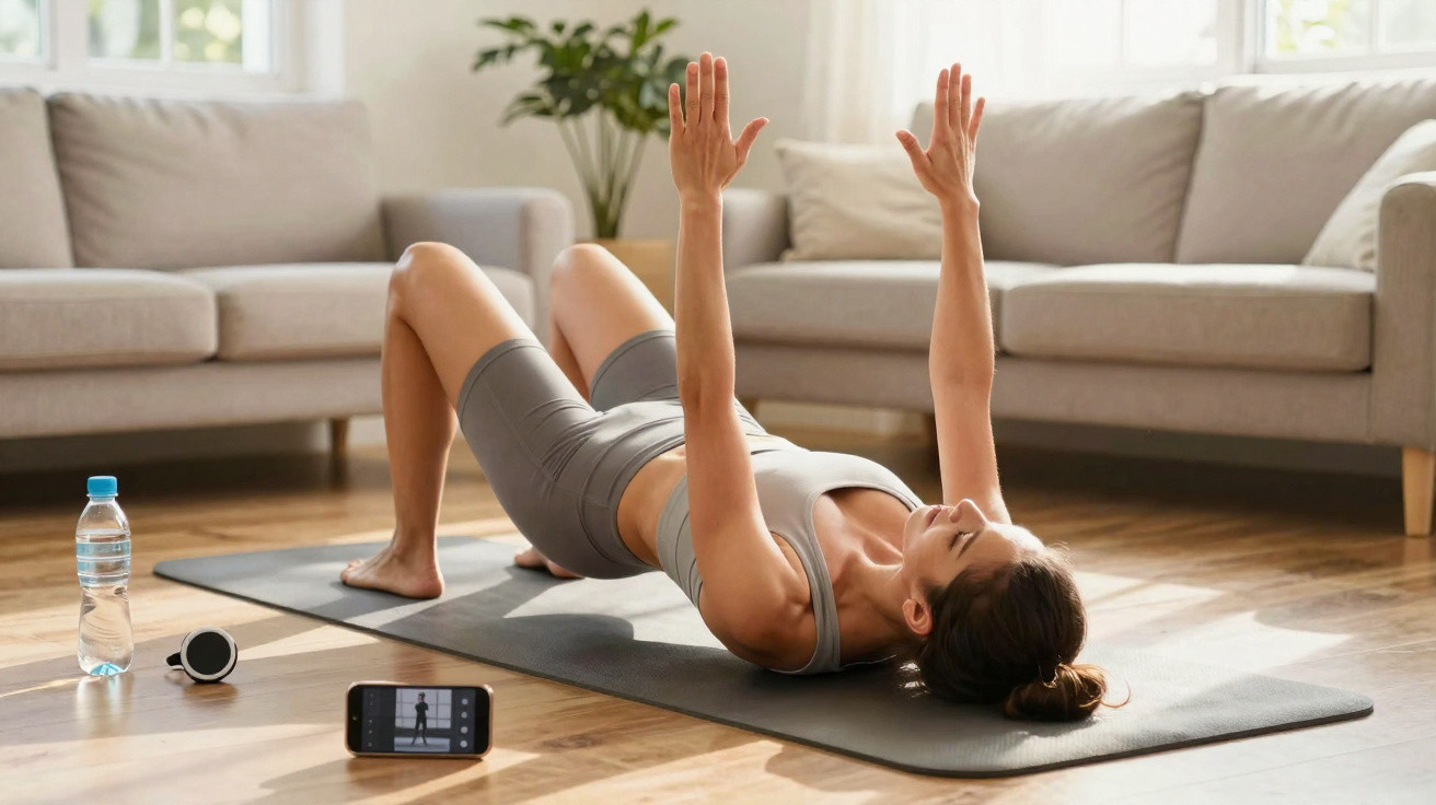 Mulher a fazer exercício deitado no tapete, com garrafa de água, altifalante e telemóvel no chão.