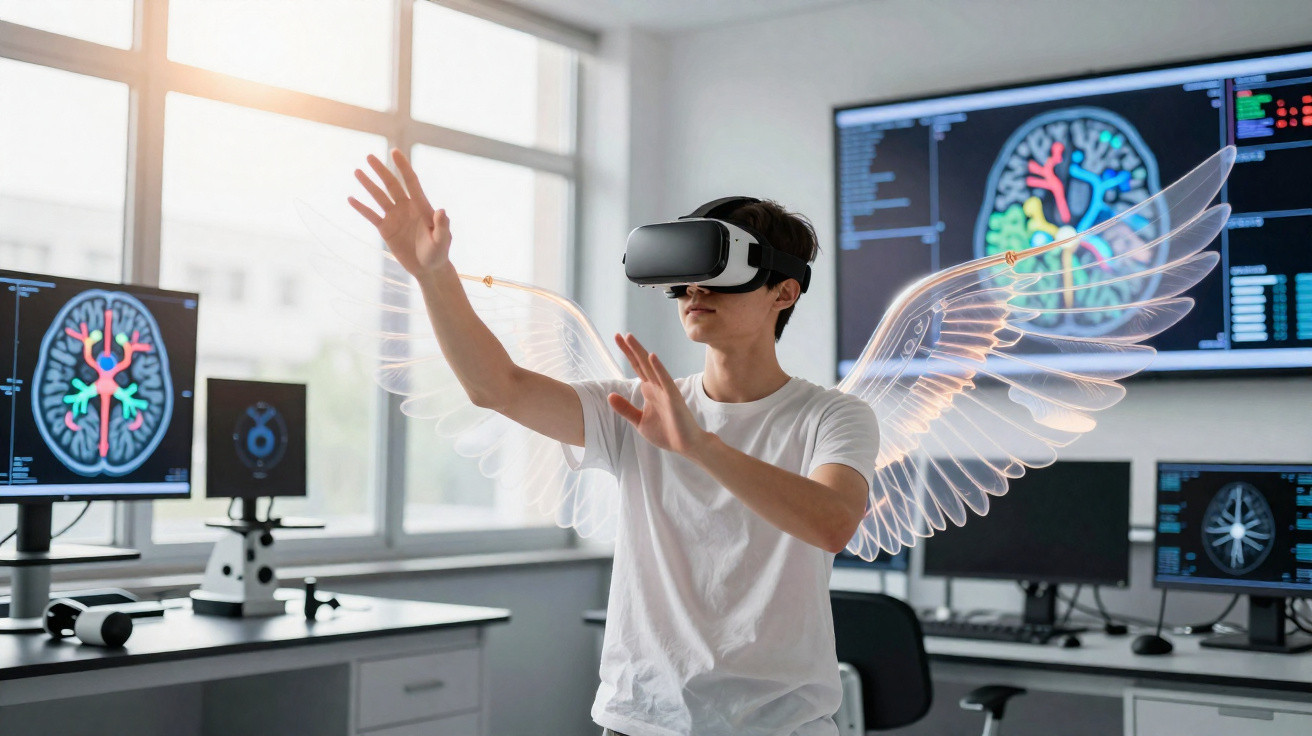 Jovem com realidade virtual em laboratório, braços levantados, asas digitais desenhadas, e monitores a mostrar imagens cerebr