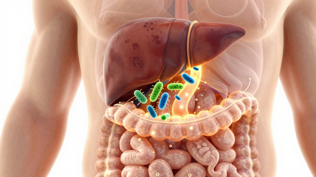 Visualização digital do sistema digestivo humano com fígado, intestinos e bactérias coloridas representando microbiota intest