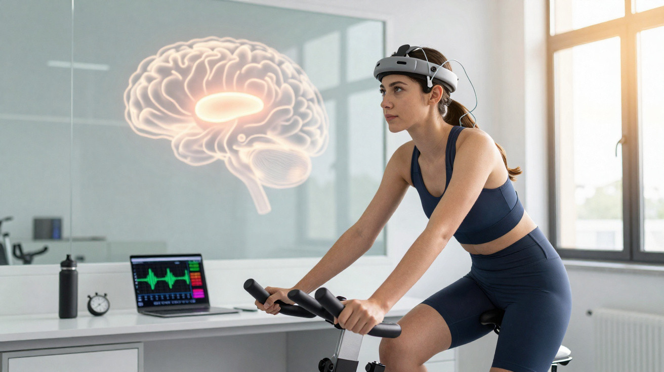 Mulher a pedalar numa bicicleta estática com dispositivo cerebral, análise digital do cérebro ao fundo.