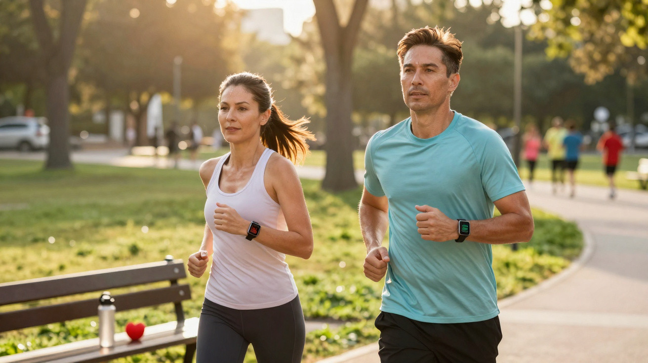 Casal a correr ao ar livre num parque, usando roupa desportiva e relógios inteligentes, ao pôr do sol.