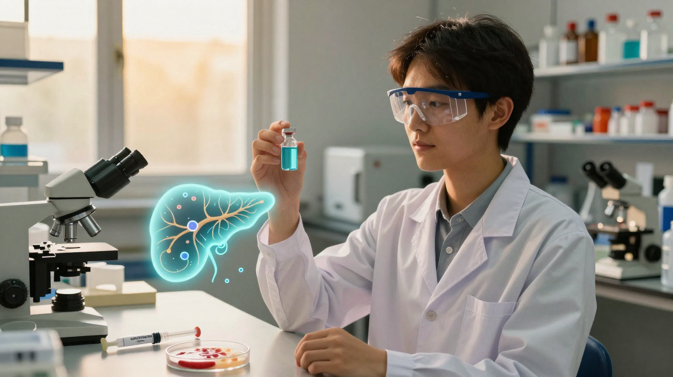 Cientista em laboratório a analisar frasco com líquido azul, microscópio e ilustração digital de pâncreas.