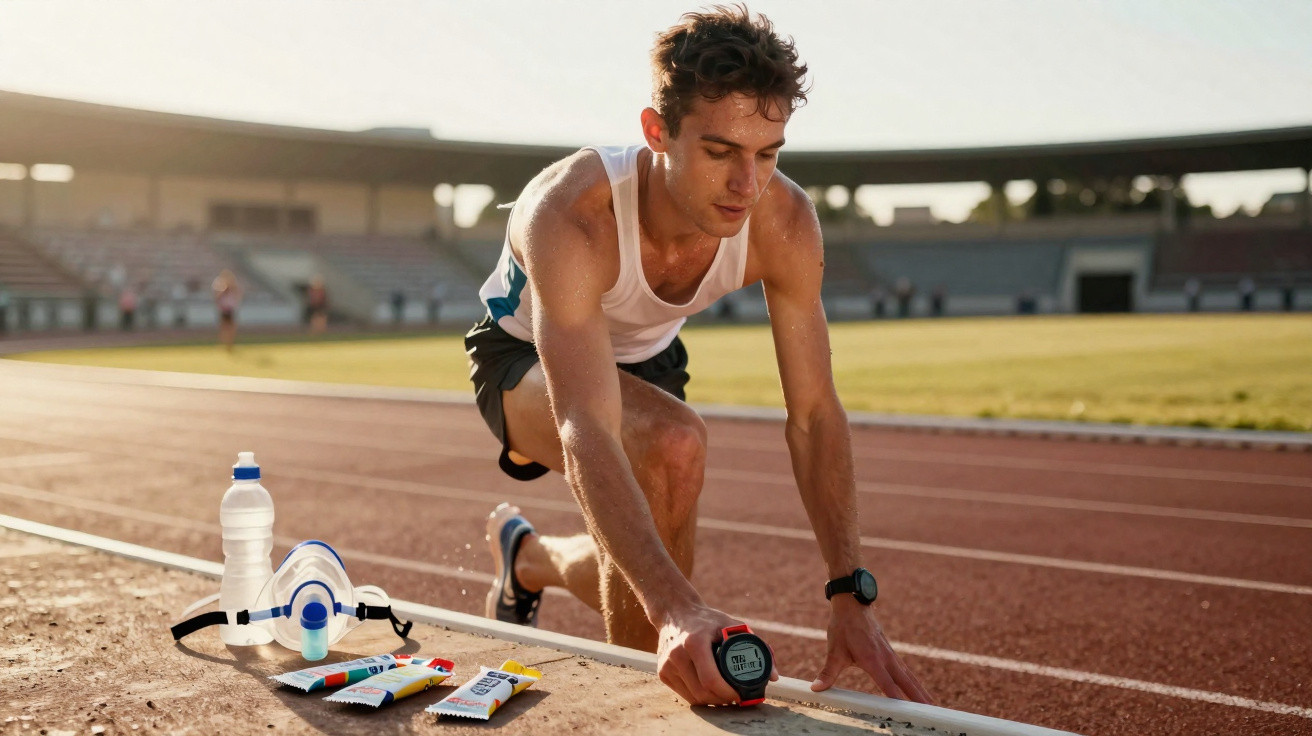 Atleta masculino ajoelhado na pista de atletismo, preparando-se para iniciar uma corrida ao ar livre.
