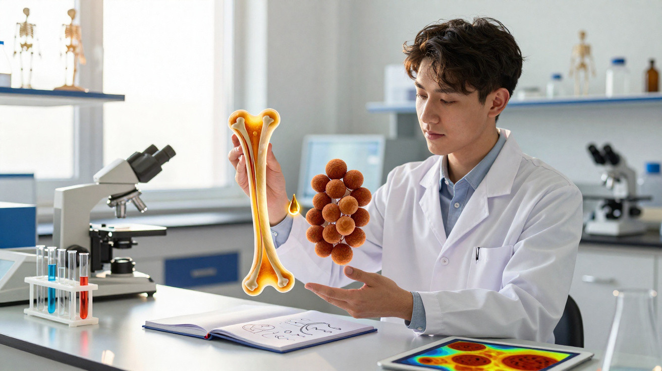 Cientista num laboratório, a estudar modelo virtual de osso e células com microscópio e equipamento científico.