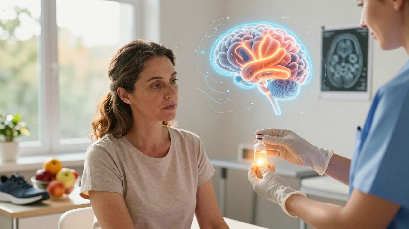 Mulher consulta médica sobre saúde cerebral, ilustrada com cérebro holográfico e frasco de medicamento.