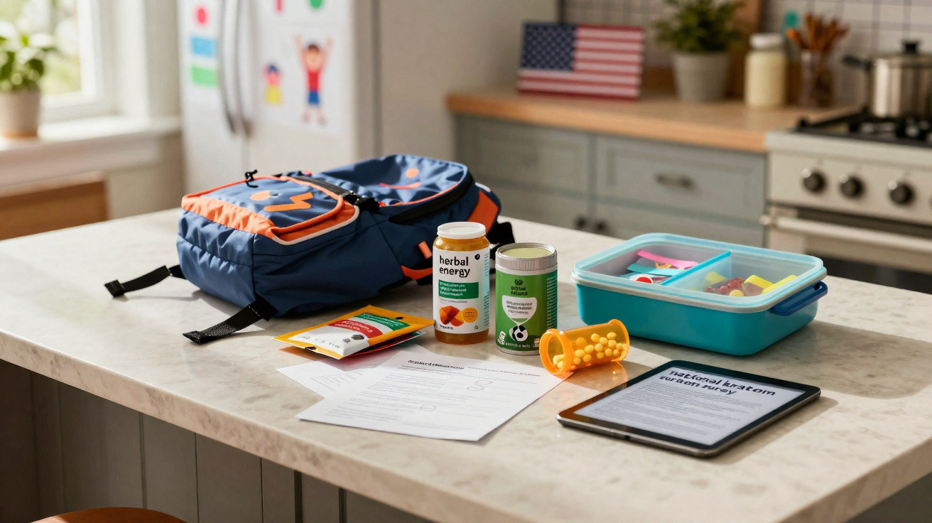Mochila azul e laranja, suplementos, lancheira com snacks e documento sobre mesa de cozinha moderna.