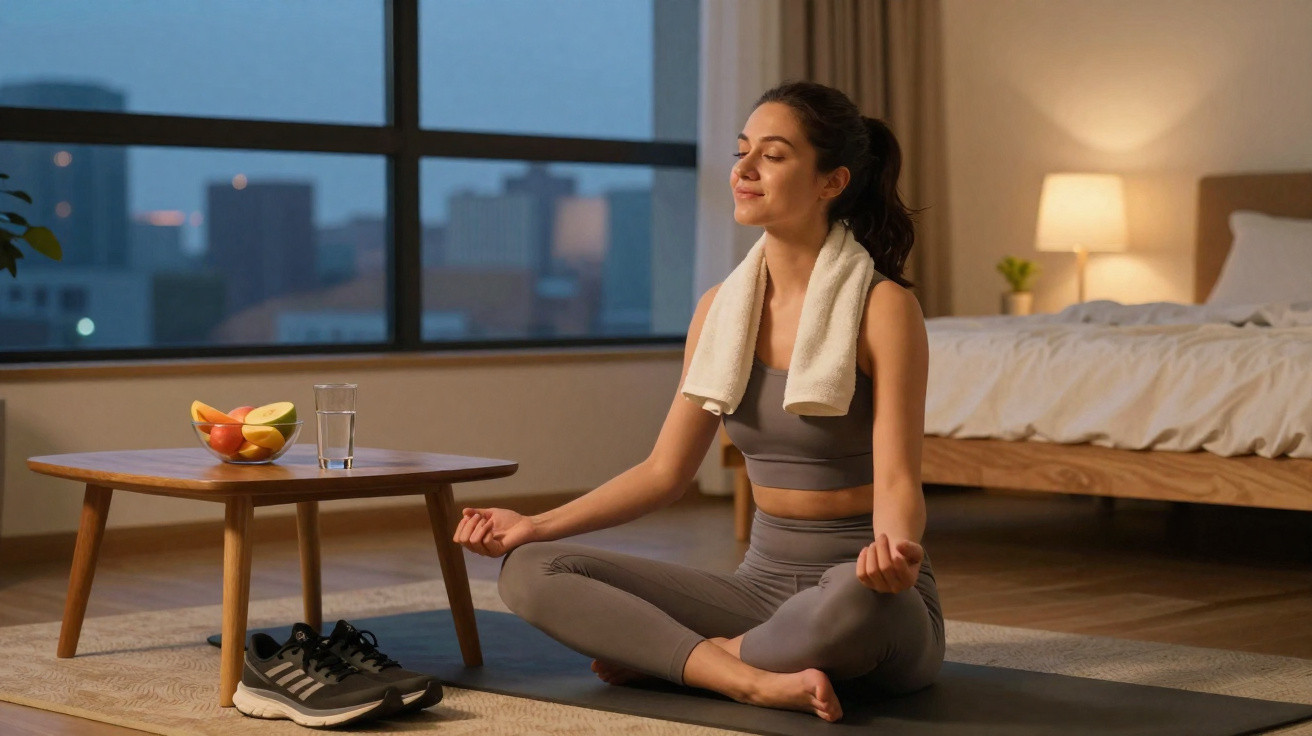 Mulher a meditar sentada no chão em posição de ioga, com toalha no pescoço e roupa desportiva cinza.