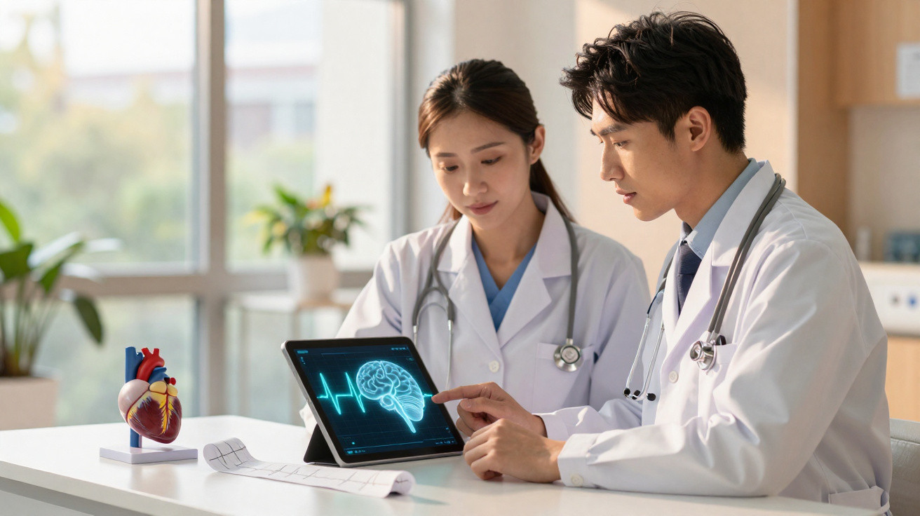 Dois médicos a analisar imagem digital de cérebro e batimento cardíaco numa tablet num consultório.