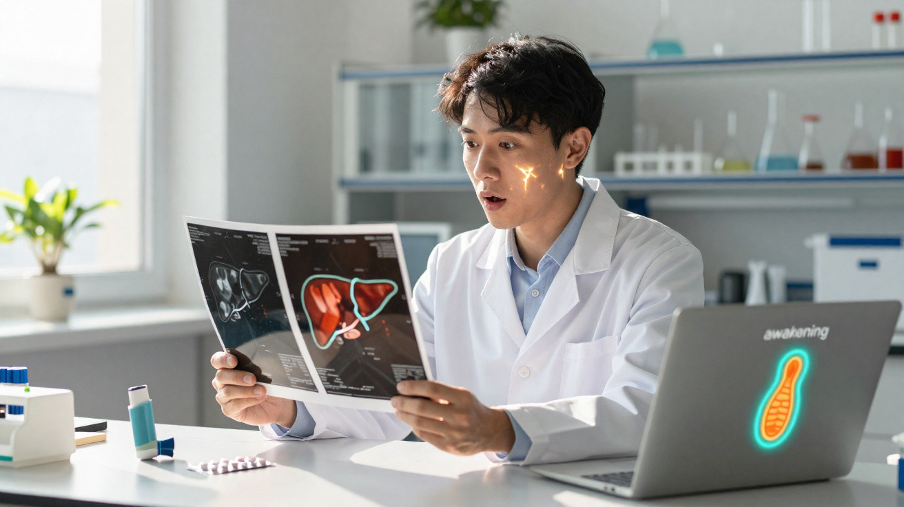 Homem de bata branca analisa radiografias coloridas num laboratório moderno com laptop aberto.