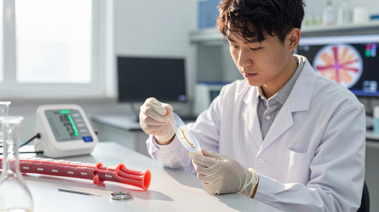 Cientista em laboratório a examinar amostra em placa de Petri com equipamentos científicos ao fundo.