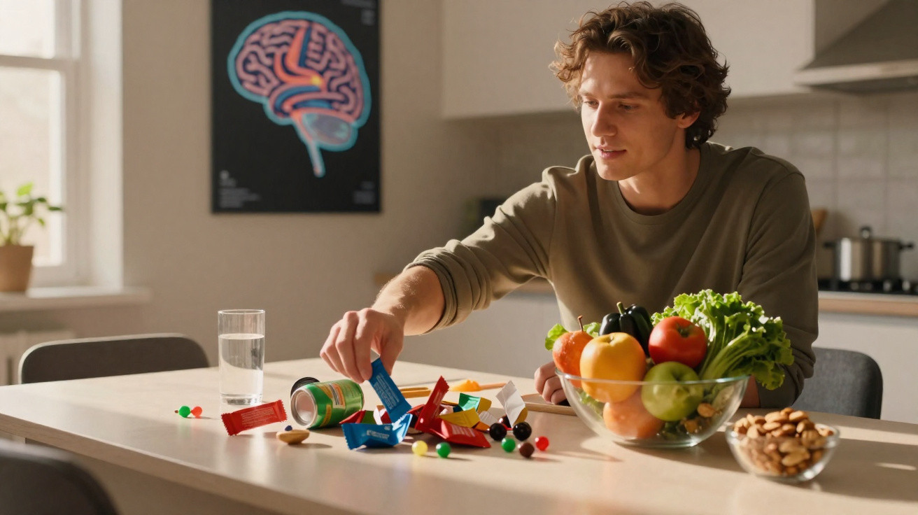 Homem sentado à mesa com doces coloridos, fruta e nozes, num ambiente de cozinha iluminado.