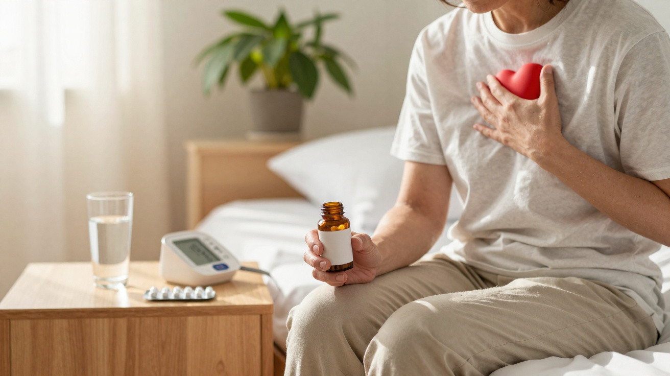 Pessoa sentada na cama com mão no peito e a segurar frasco de medicamentos, ao lado medidor de tensão e copo de água.
