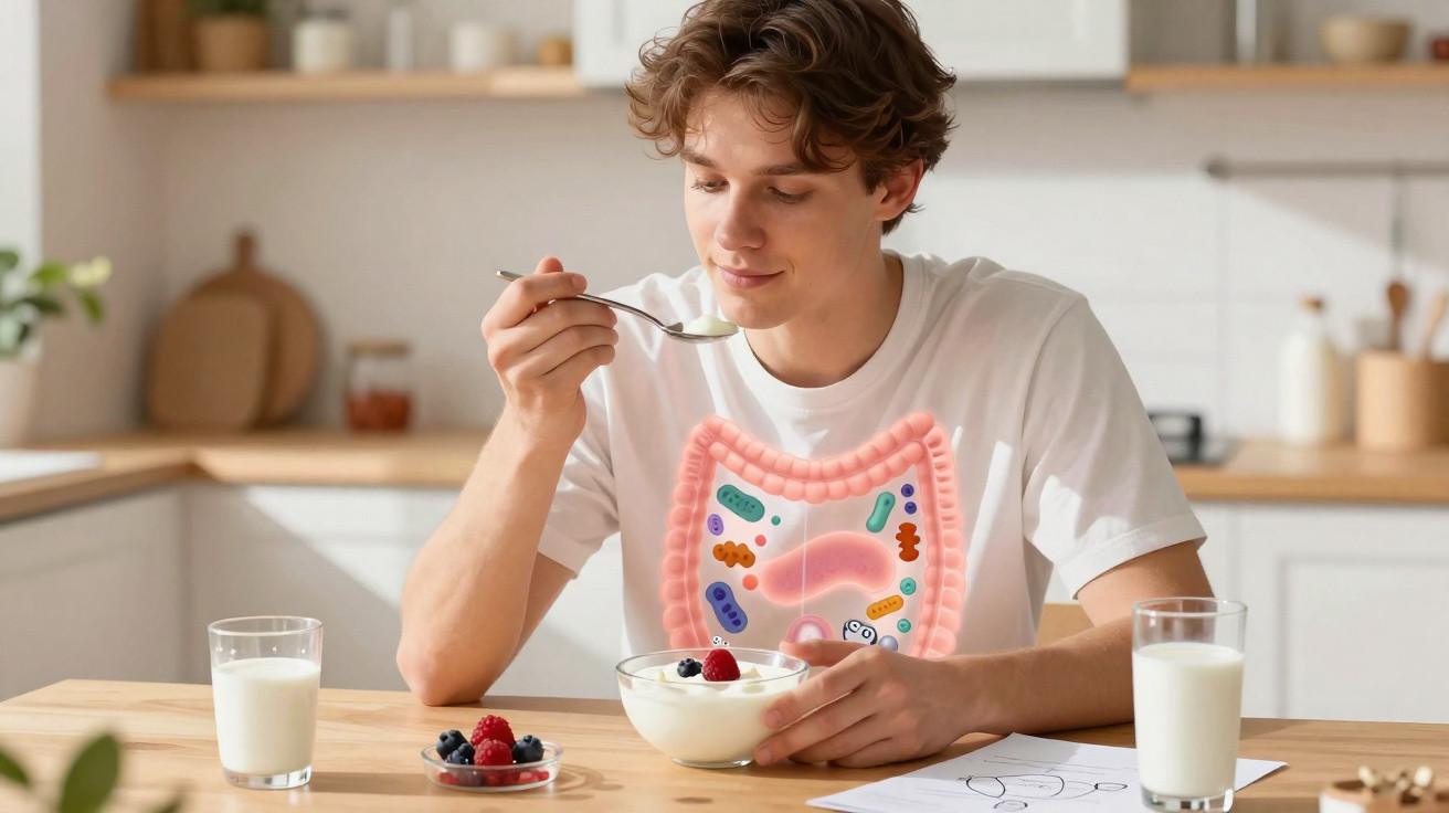 Homem jovem sentado à mesa, a comer iogurte com frutos vermelhos, com ilustração do intestino visível.