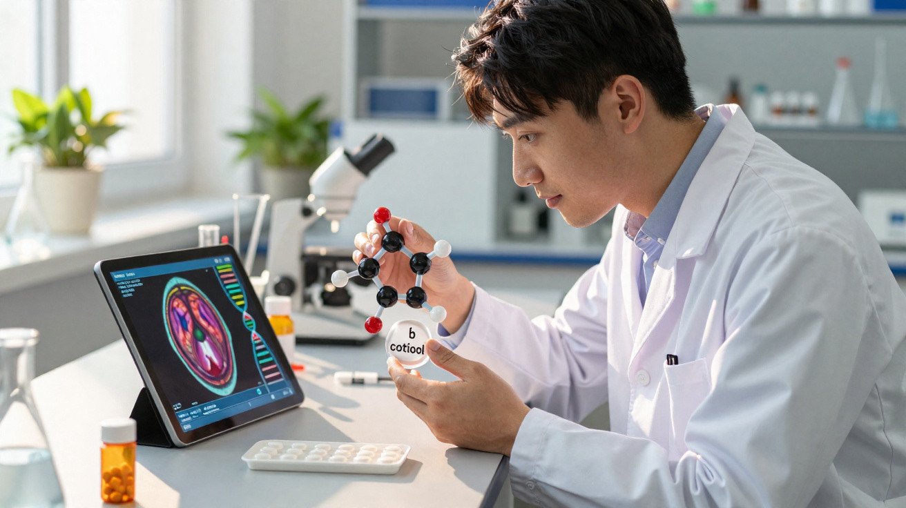 Cientista em laboratório a estudar modelo molecular de beta-cotiool com equipamento de análise ao fundo.