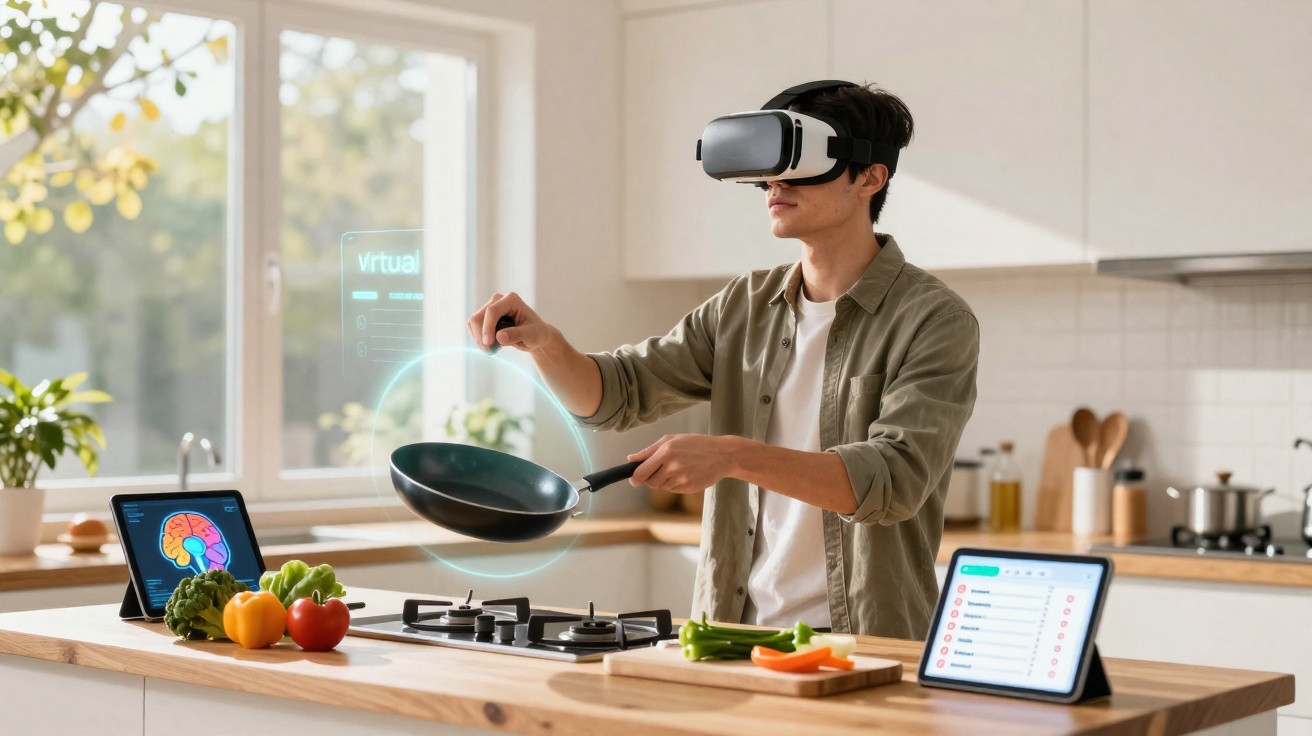 Jovem a usar óculos de realidade virtual enquanto cozinha com utensílios na cozinha moderna.