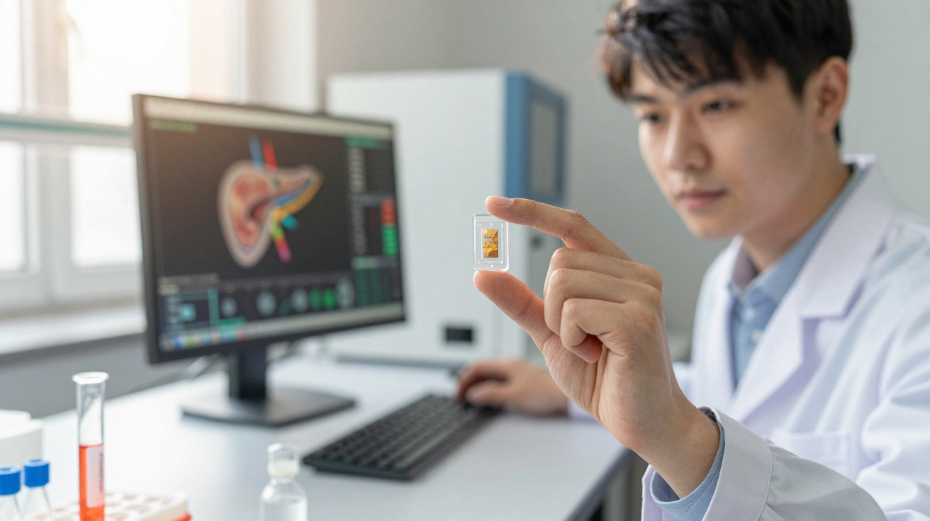 Cientista a analisar microchip em laboratório com computador e imagens médicas ao fundo.