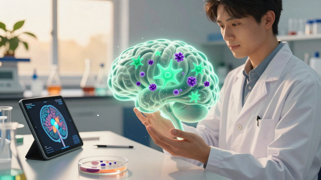 Cientista em laboratório a analisar modelo digital 3D do cérebro com vírus e bactérias.
