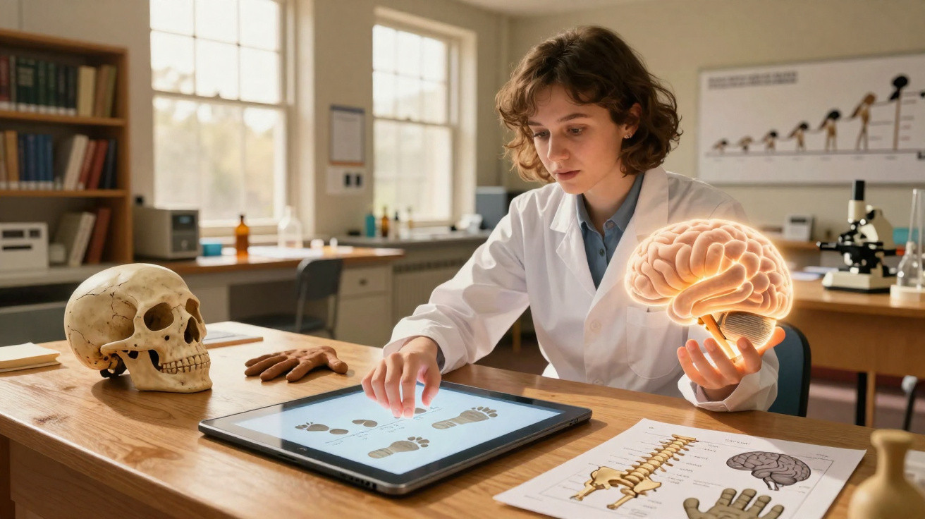 Mulher científica analisa pegadas digitais num tablet com crânio e modelo de cérebro numa sala de laboratório.