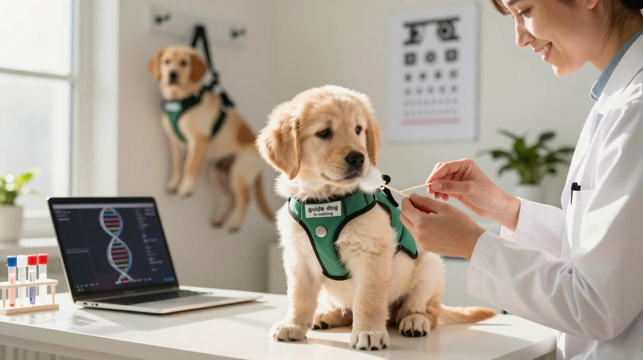 Veterinária a examinar um cão guia jovem numa clínica com equipamento médico e gráfico de ADN.
