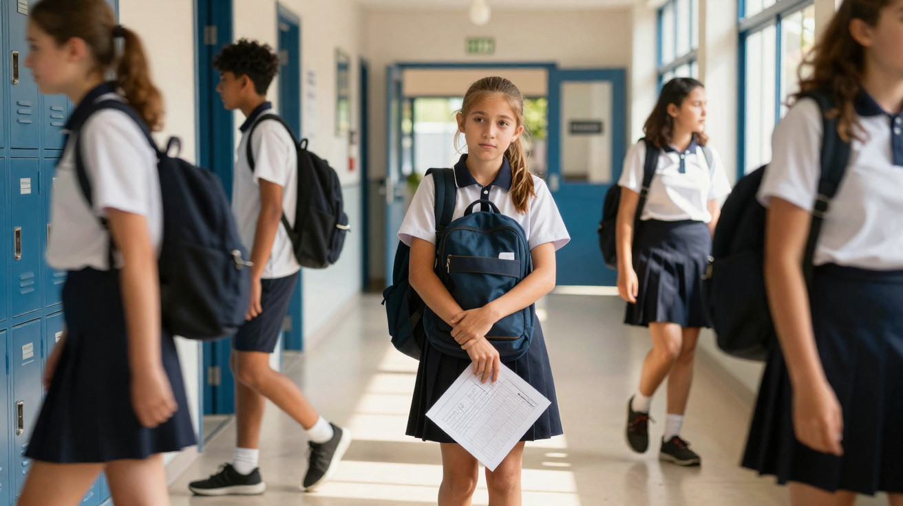 Alunos com uniforme escolar e mochilas no corredor de uma escola, com uma rapariga ao centro a segurar um papel.