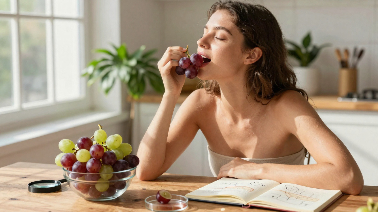 Mulher sentada a comer uvas à mesa, com caderno aberto à sua frente, em ambiente luminoso e acolhedor.