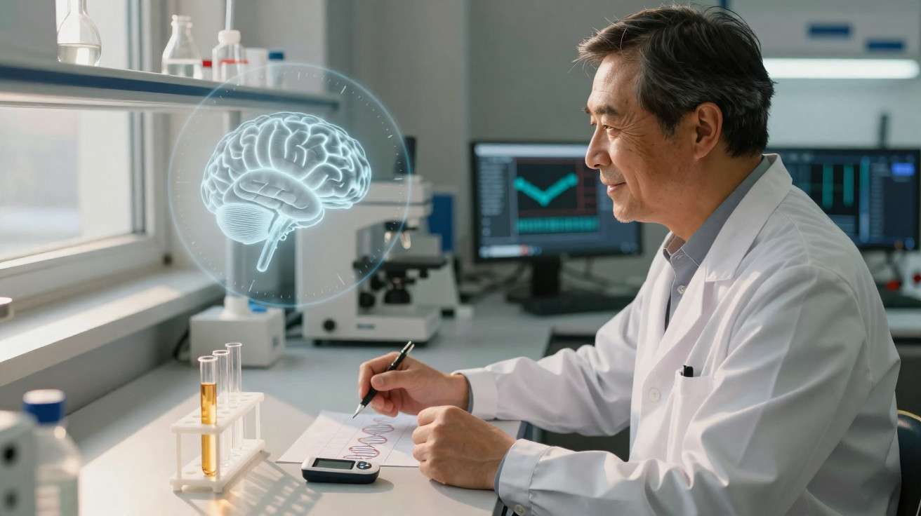 Cientista no laboratório analisando gráfico com ilustração holográfica de cérebro ao lado.