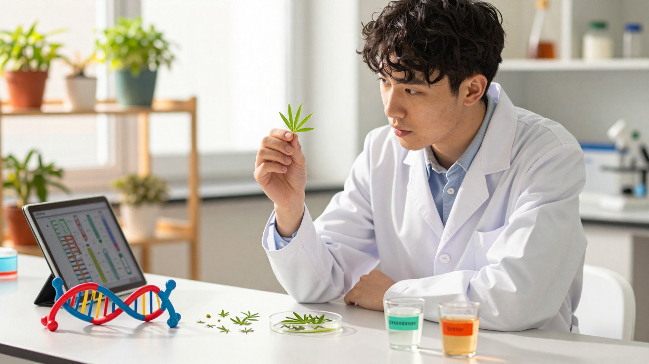 Cientista com bata branca analisa folha de cannabis em laboratório moderno com equipamento científico.
