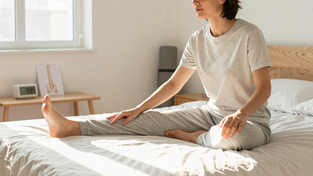 Pessoa sentada na cama a alongar a perna direita, com luz natural a entrar pela janela.