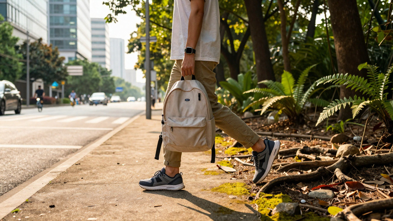Pessoa com mochila bege a atravessar passadeira numa rua urbana com árvores e prédio ao fundo.