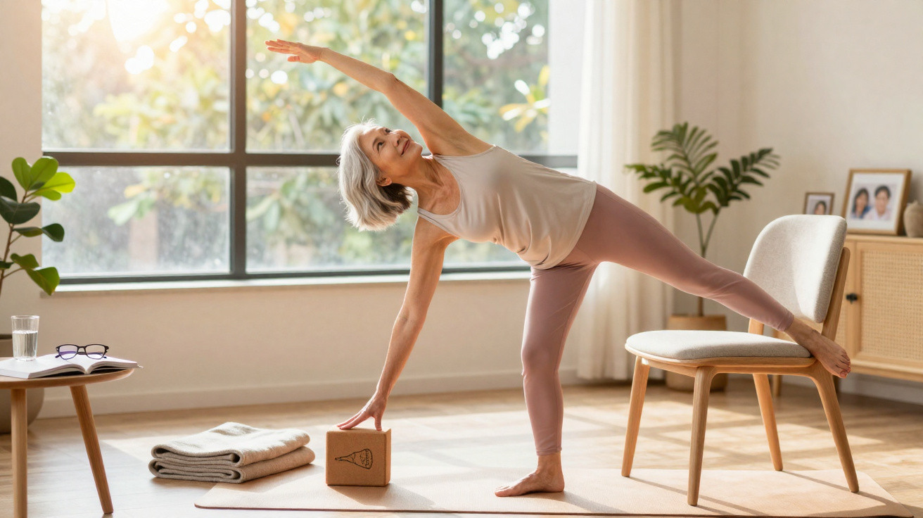 Mulher sénior a praticar yoga em casa, usando um bloco de yoga e uma cadeira para apoio, em ambiente iluminado.