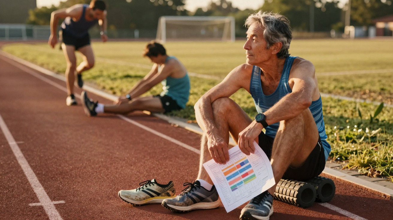 Homem sénior sentado numa pista de atletismo com tabela de treino, ao lado de dois atletas a alongar e correr.