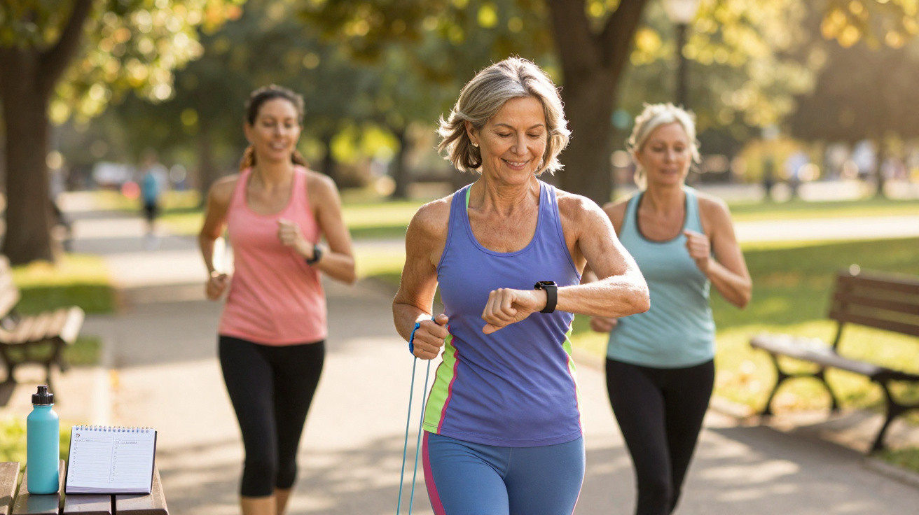 Mulheres a correr no parque em dia de sol, com árvores e bancos ao lado do caminho.