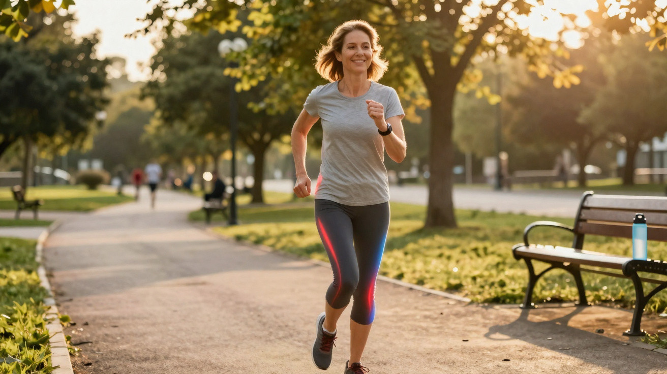 Mulher sorridente a correr num parque durante o dia com árvores e bancos ao fundo.